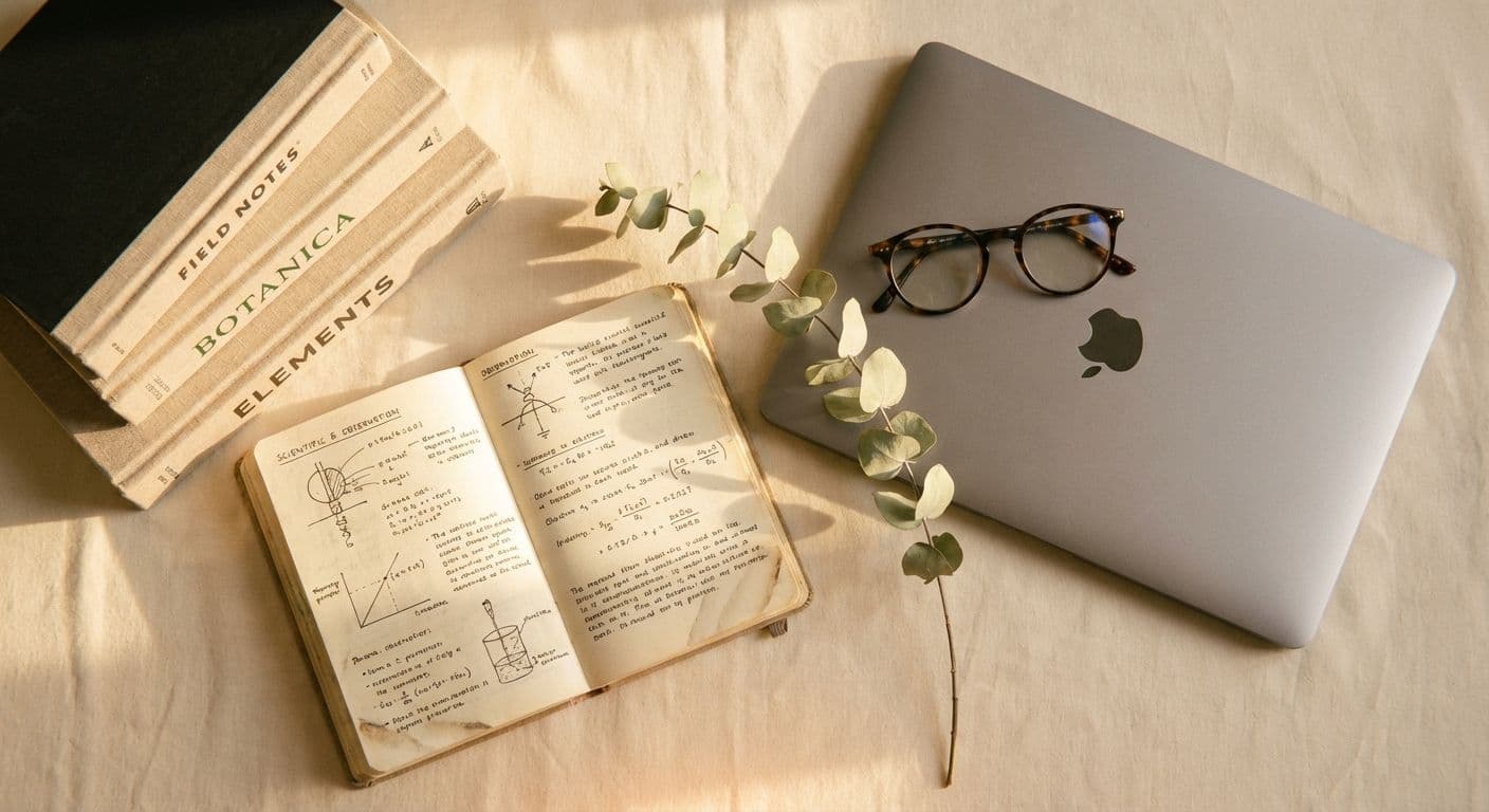 Forschungsquellen auf Schreibtisch: Bücher, Notizbuch, Laptop, Lesebrille