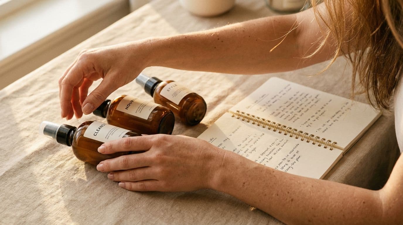 Kosmetikwissenschaftlerin organisiert Haarpflegeprodukte mit Notizbuch