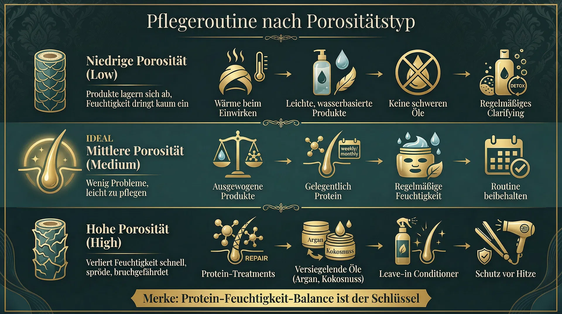 Infografik: Pflegeroutine nach Haarporosität-Typ – Low, Medium und High Porosity Tipps