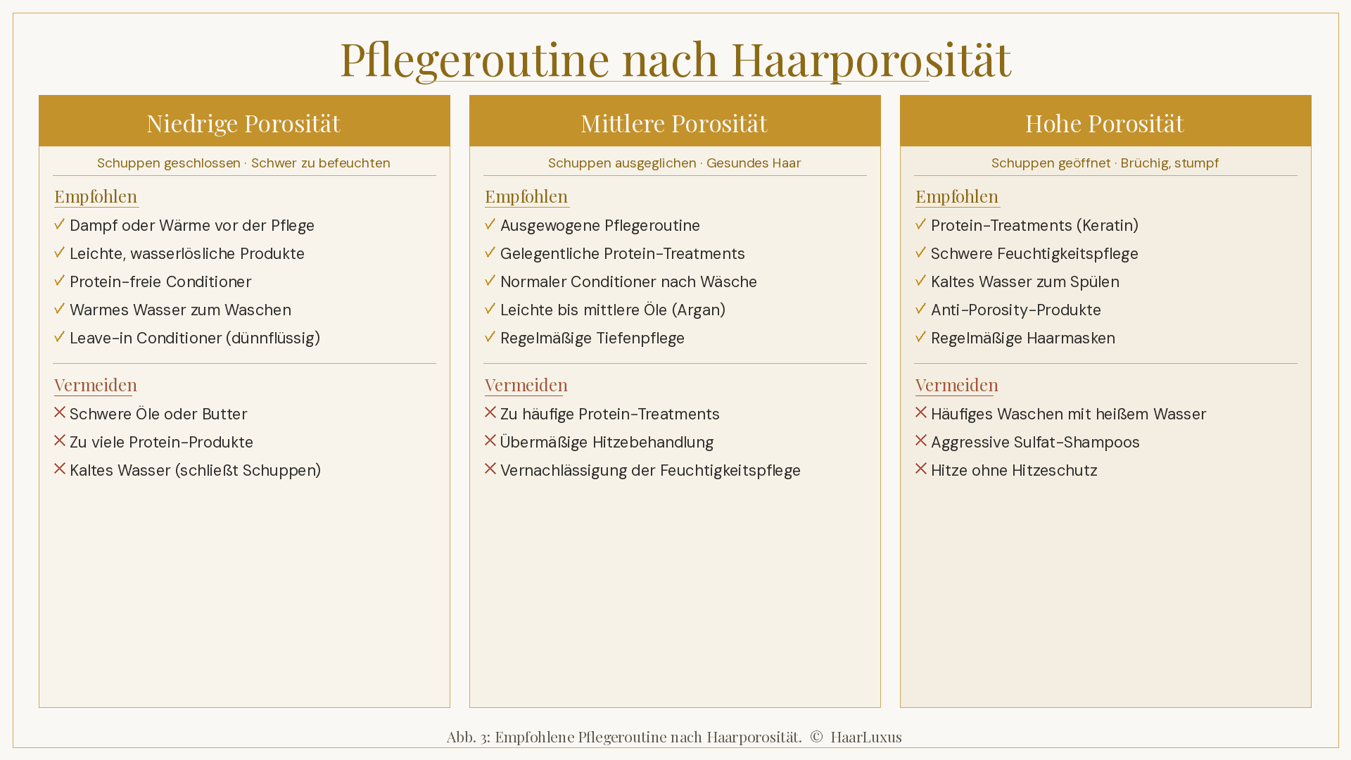 Infografik: Richtige Pflegeroutine nach Haarporosität – Empfehlungen und Tipps